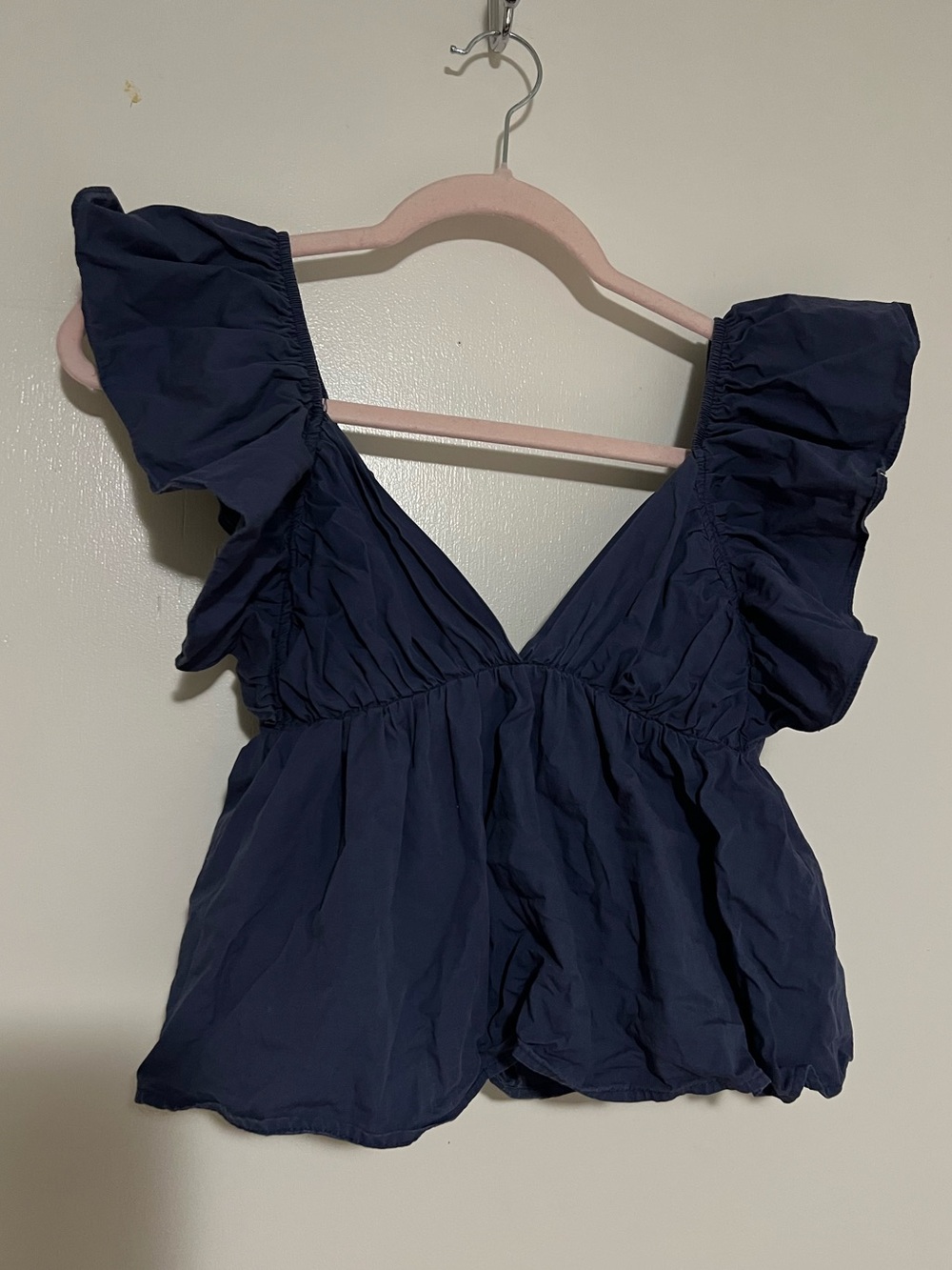 Women’s Navy Ruffled V-Neck Top: XS